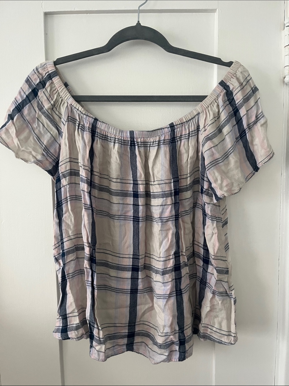 Express Off-the-Shoulder Plaid Top in Pink and Navy